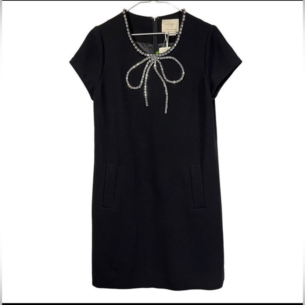Kate Spade Gail Black Rhinestone Jewel Bow Embellished Lined Dress Sz 4 HTF $390